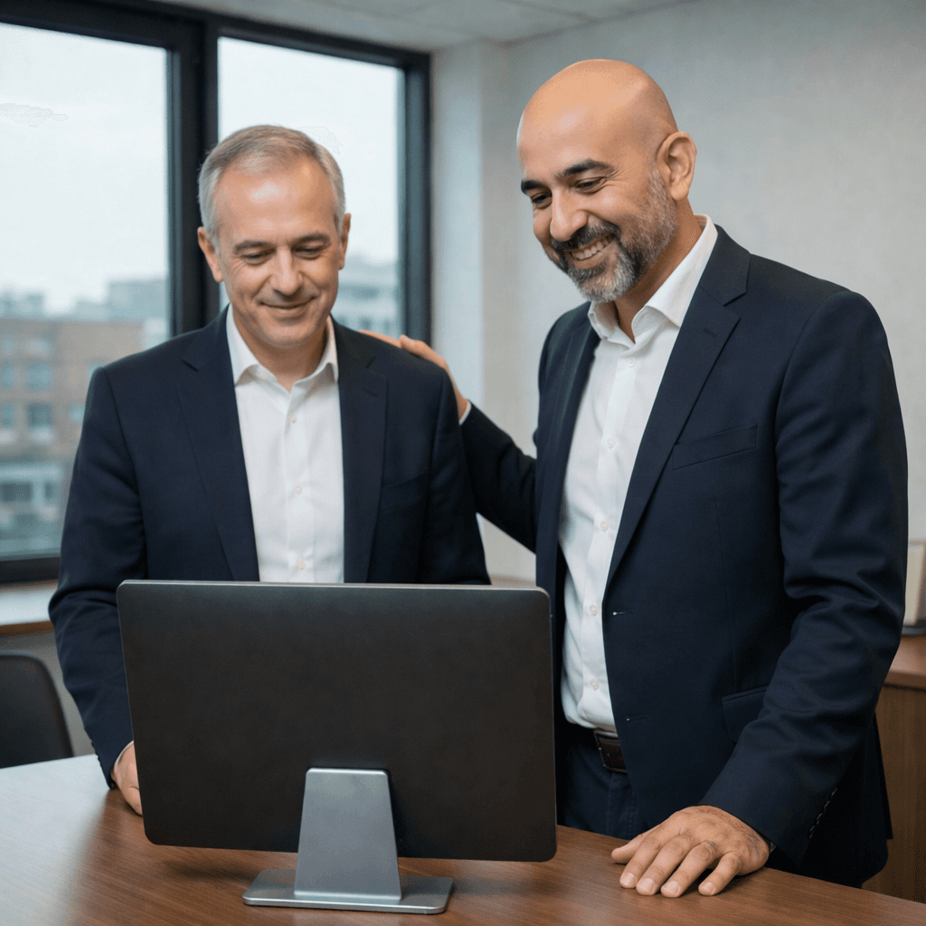 Tarek Nachnouchi accompagne un dirigeant devant un écran dans un bureau
