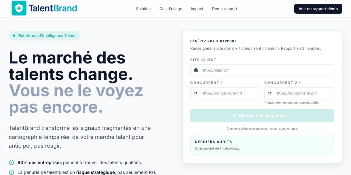 TalentBrand : Plateforme d’intelligence talent : cartographie du marché des talents et audit de marque employeur à partir de données publiques, rapport en quelques minutes.